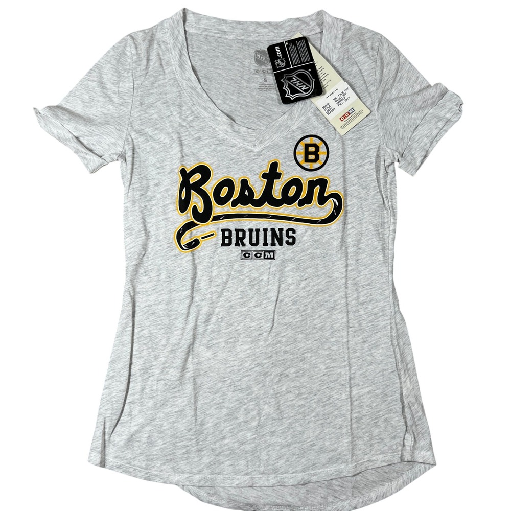 CCM NHL Boston Bruins Womens V-Neck Graphic T-Shirt Gray Size‎ S NWT